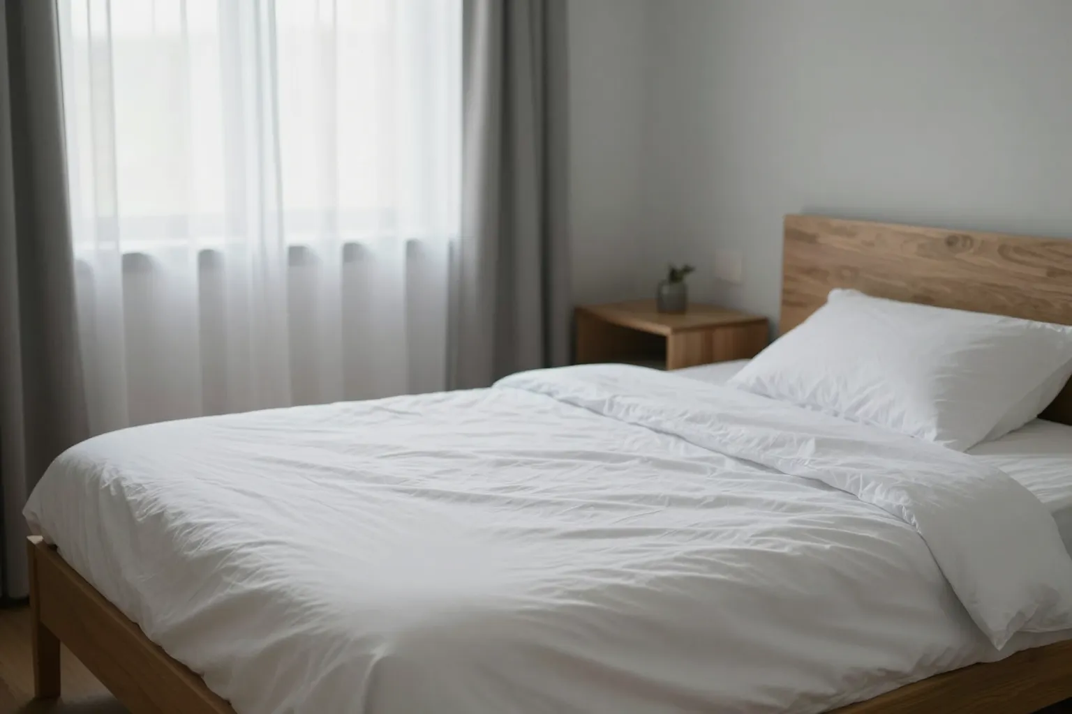 Aufgeräumtes Schlafzimmer mit frisch bezogenem Bett im Morgenlicht